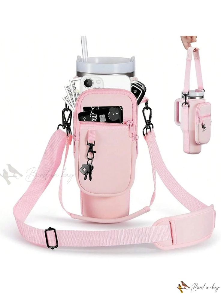 40oz Tumbler Bag with Phone Pocket – Blush Pink Insulated Cup Holder Carrying Bag with Adjustable Strap (Color Pink)